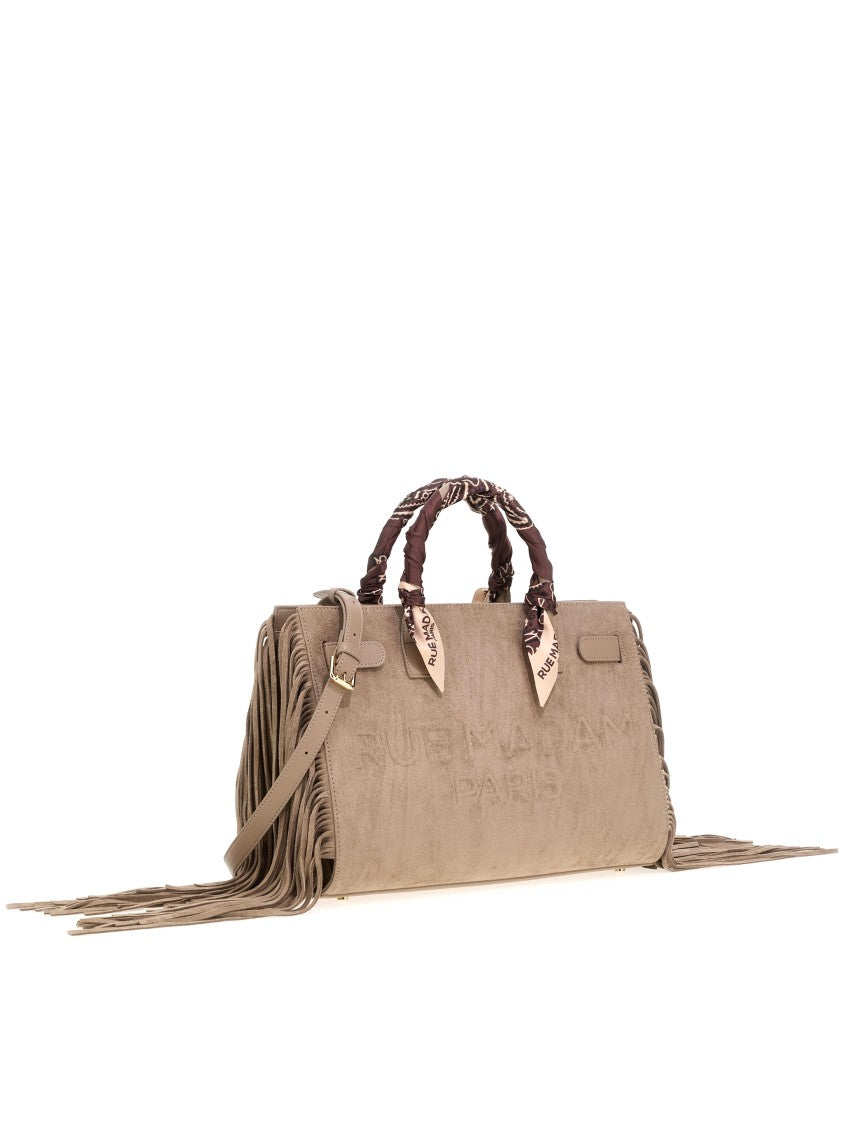Rue Madam Paris Rectangular Suede Tote Bag With Fringes And Patterned Handles