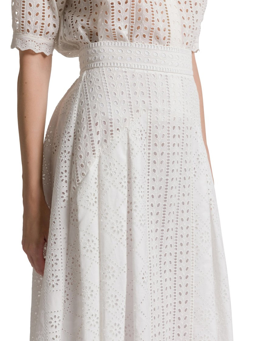 Alberta Ferretti Eyelet Embroidered White Midi Skirt With High Waistband