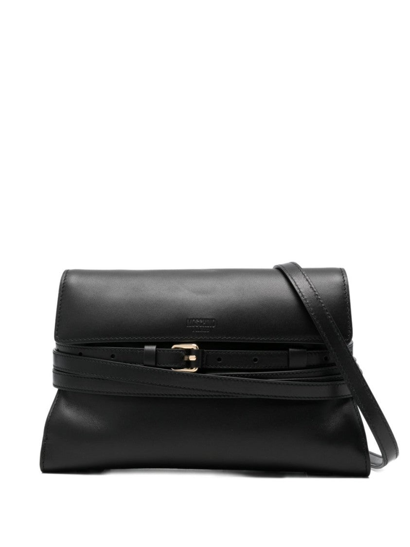 Moschino Black Structured Gold Buckle Silk Bag