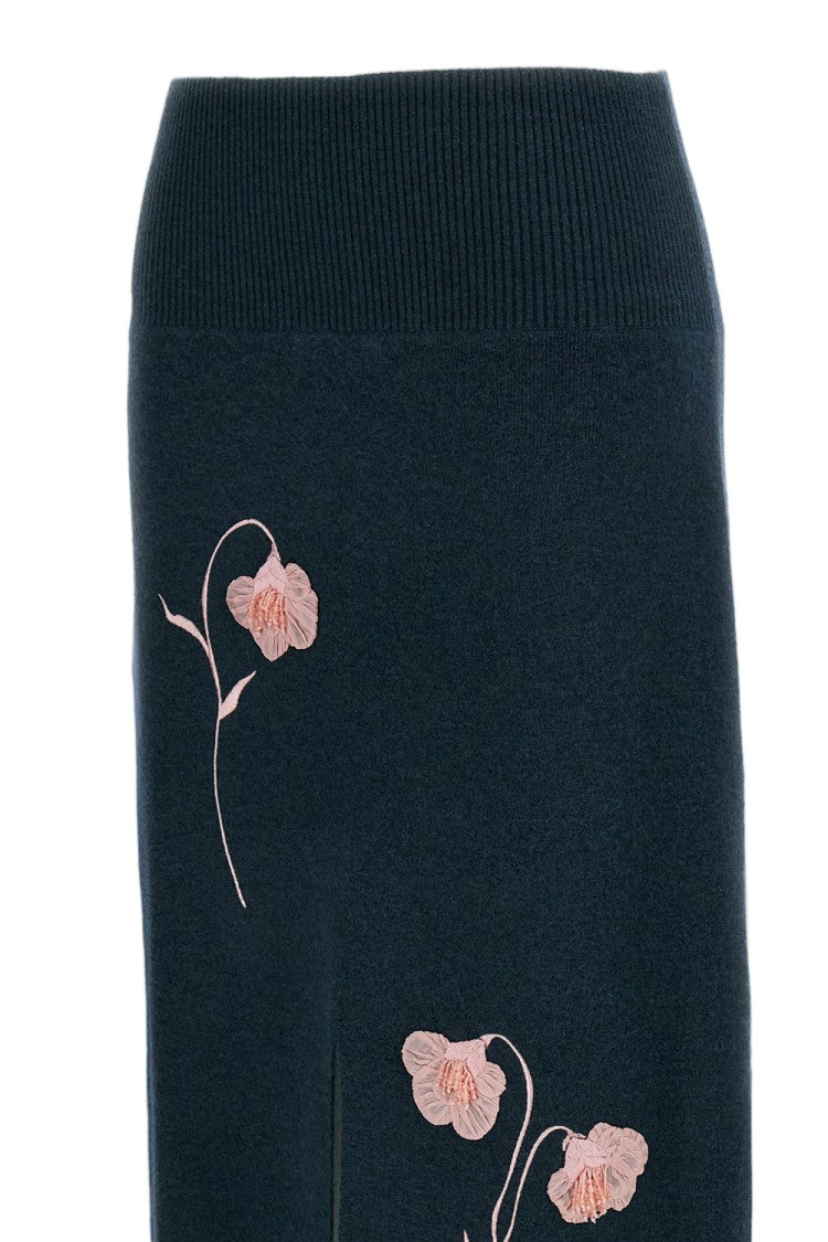 Erdem Green Embroidered Wool Pencil Skirt