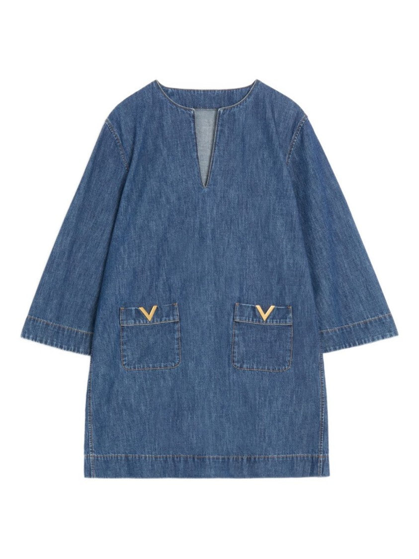 Valentino Garavani Denim Mini Dress With V-Notch Neckline
