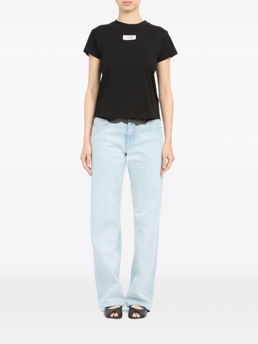 Mm6 By Maison Margiela Boxy Black Cropped T-Shirt With Classic Crew Neckline