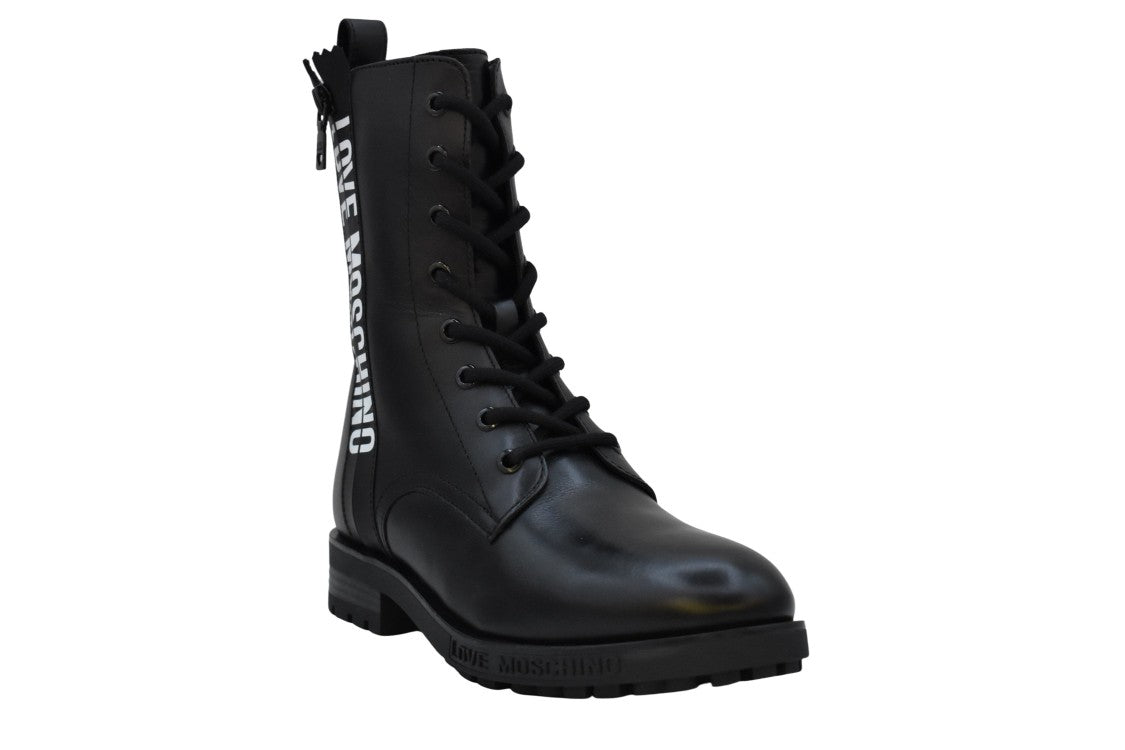 Moschino Lace-Up Black Flat Boots With Sole