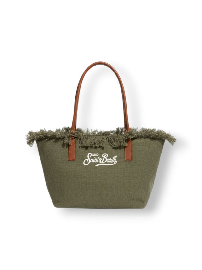 Mc2 Saint Barth Medium Olive Green Tote Bag With Textured Fringe Trim