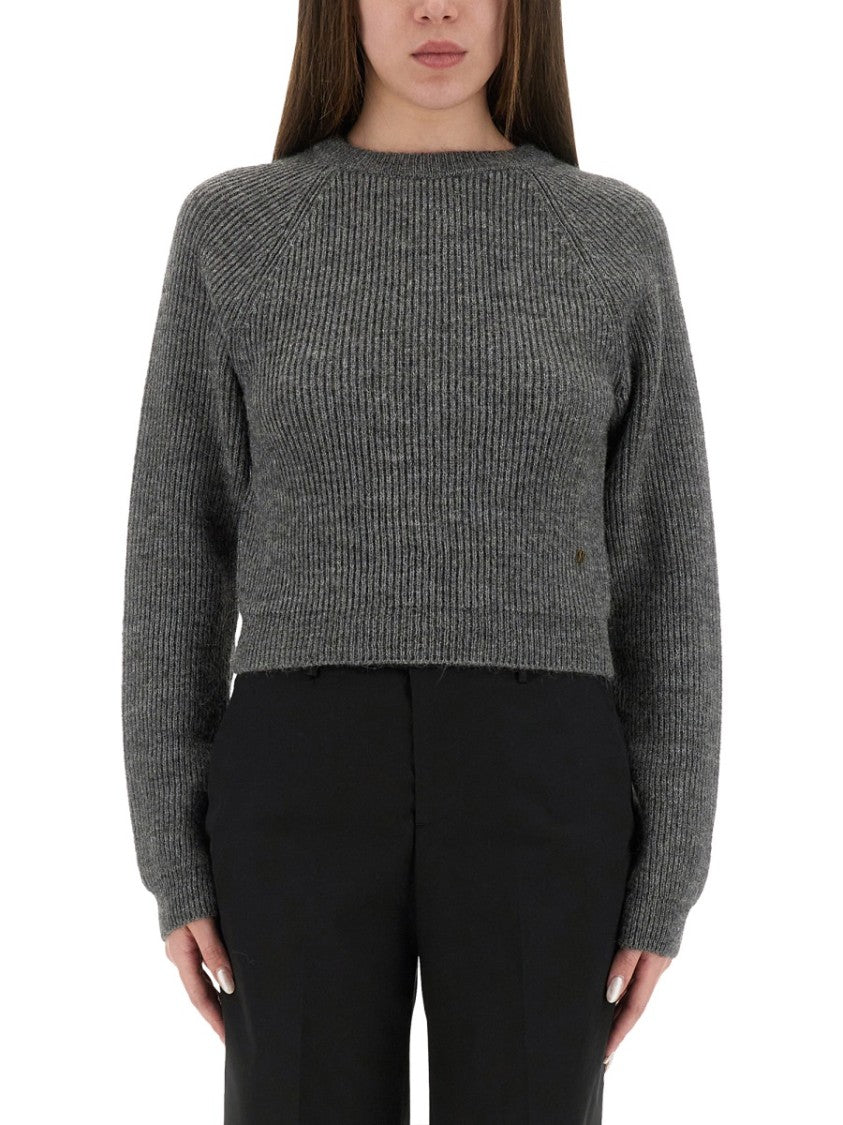 Moschino Ribbed Grey Cropped Sweater With Frayed Hem