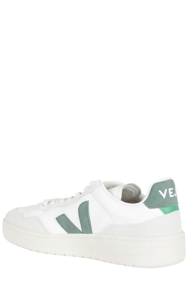 Veja White V90 Leather Green-Logo Leather Sneakers