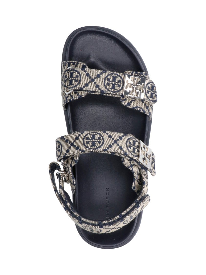 Tory Burch Blue T Monogram Adjustable Fabric Sandals