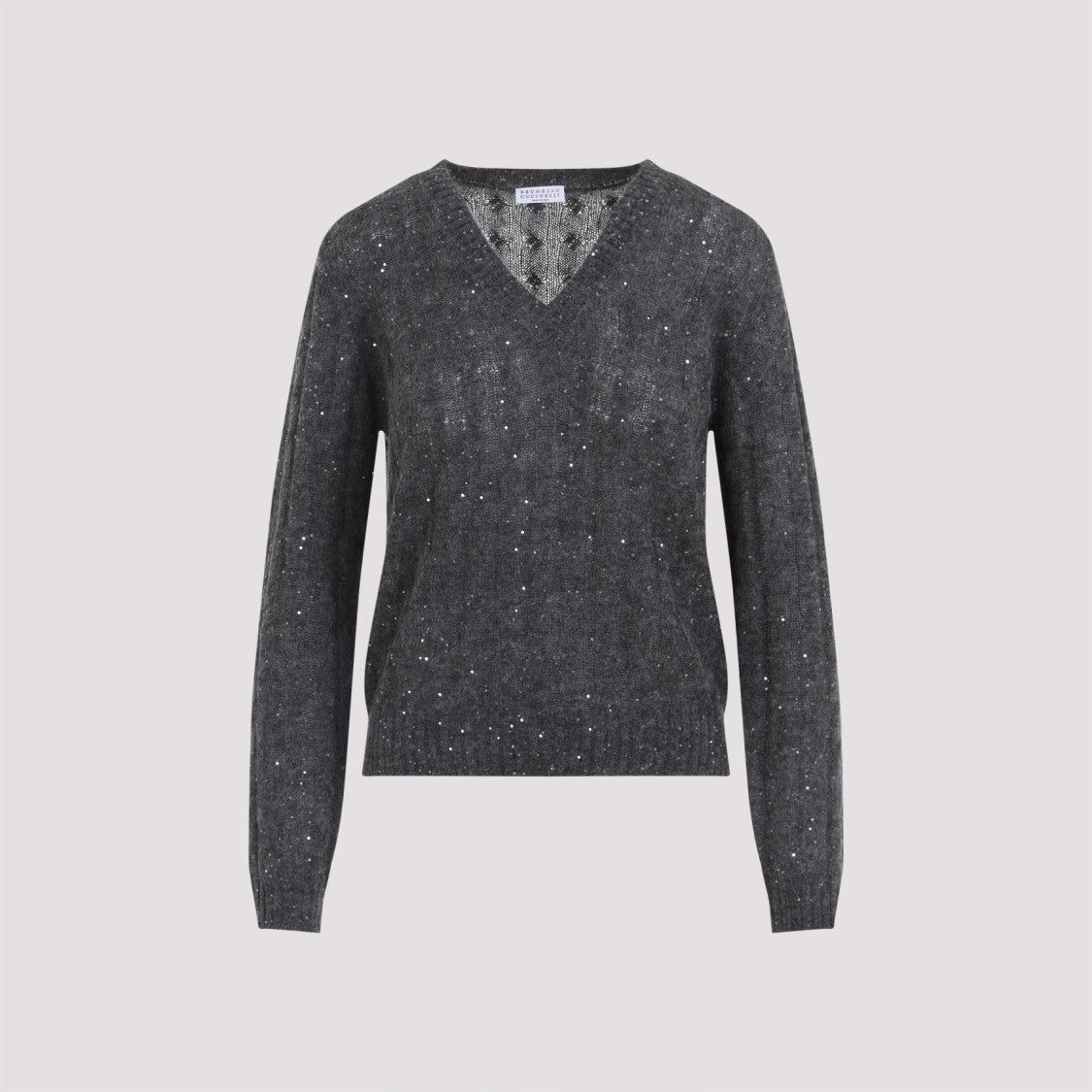 Brunello Cucinelli Lead Grey Mohair V-Neck Cable Pullover