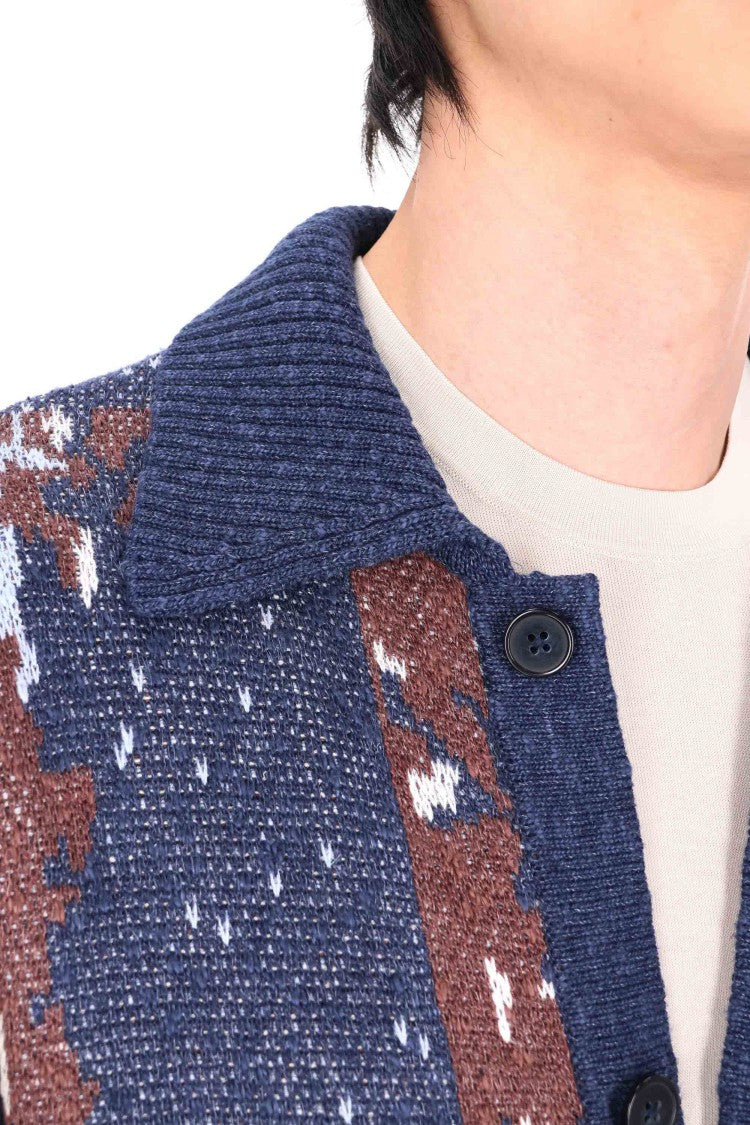 Officine Generale Terry Jacquard Linen-Blend Multicolored Cardigan