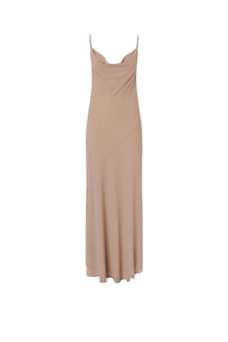 Pinko Beige Perforated Dot Cowl Neck Polyester Maxi Dress