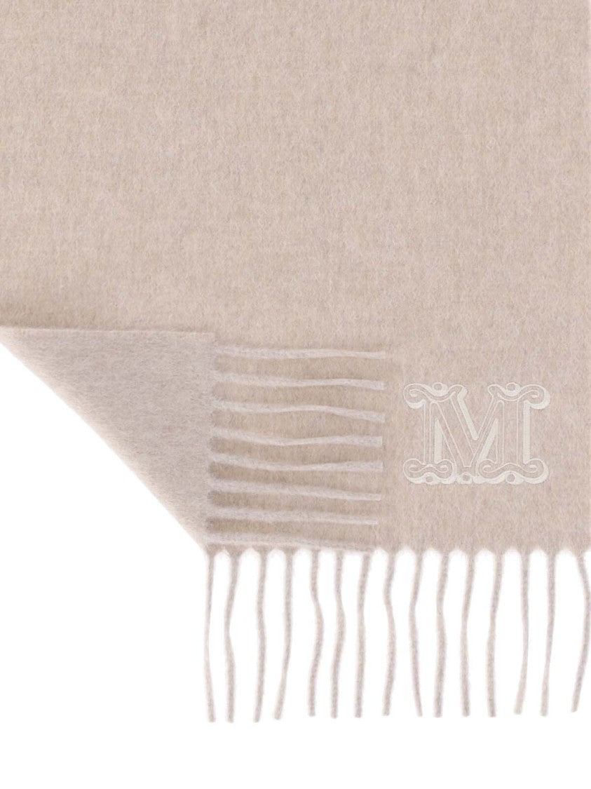 Max Mara Beige Cashmere Scarf With Logo Embroidery And Fringed Edges