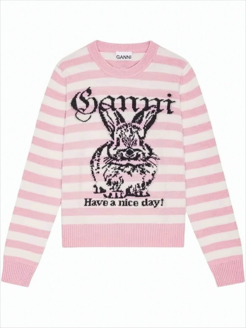 Ganni Playful Pastel Knit Sweater With Bunny Graphic