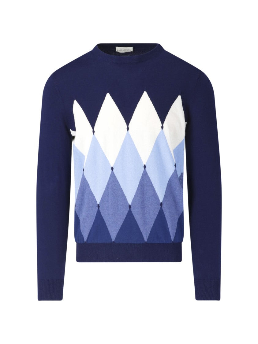 Ballantyne Navy Argyle Front Solid Back Sweater