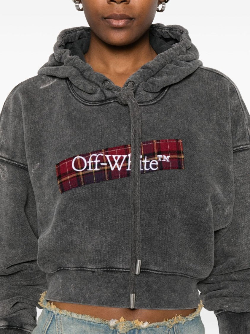 Off-White Cropped Black Hoodie With Red Tartan Patch