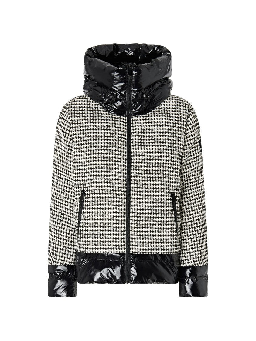 Pinko Cropped Houndstooth Tweed Jacket With Glossy Quilted Detailing