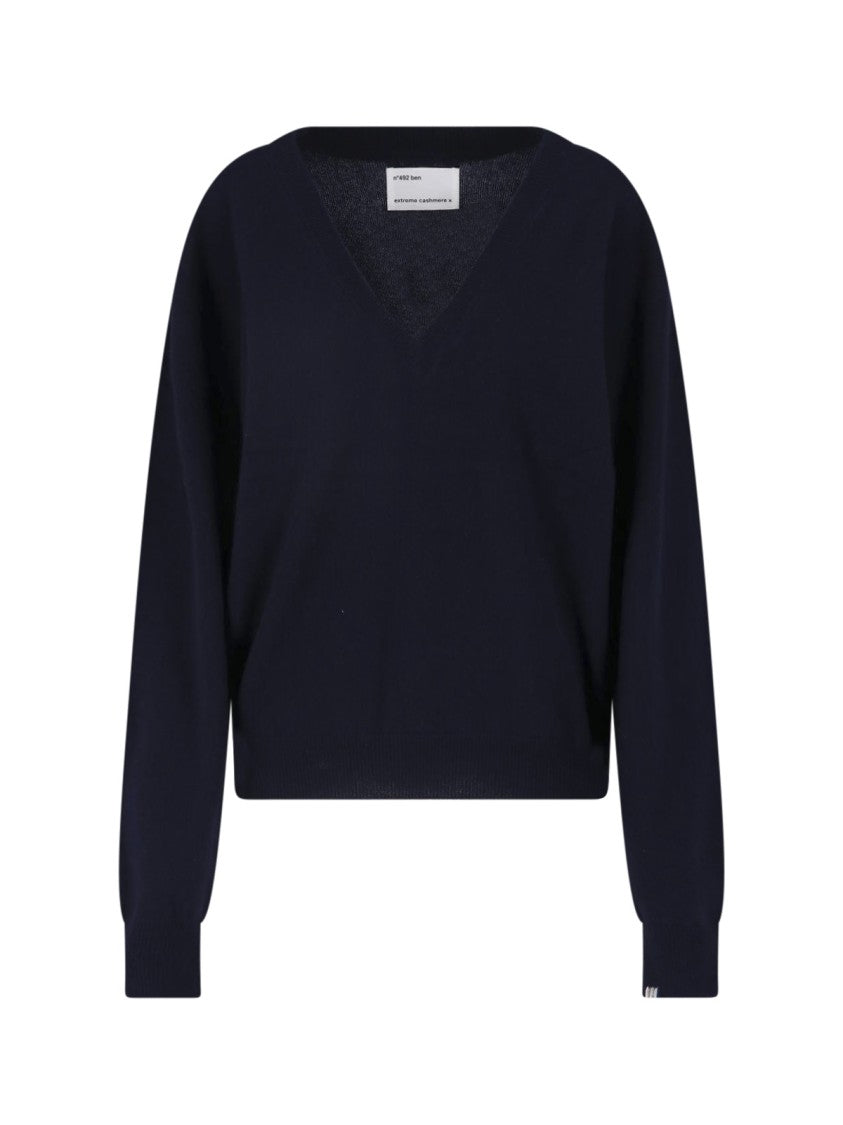 Extreme Cashmere Blue Ben Long-Sleeve Ribbed V-Neck Cashmere Sweater