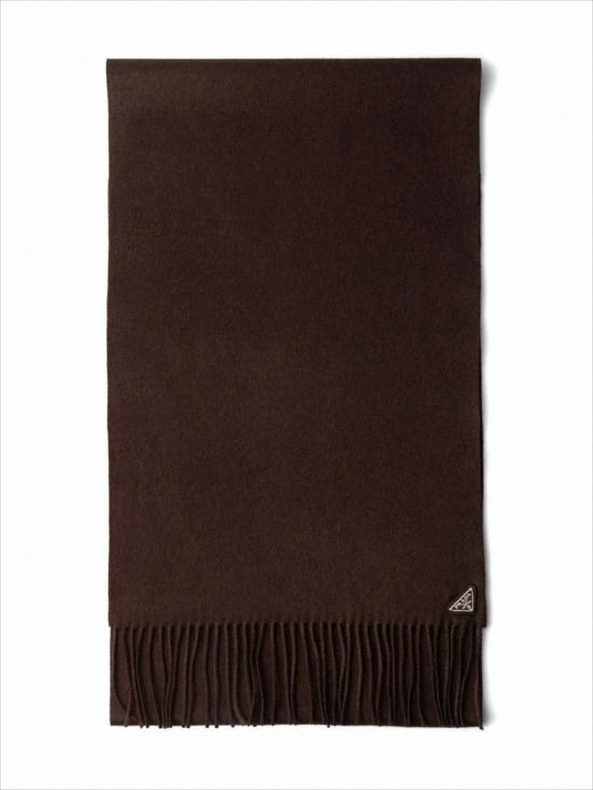 Prada Rectangular Brown Silk-Cashmere Scarf With Fringed Edges