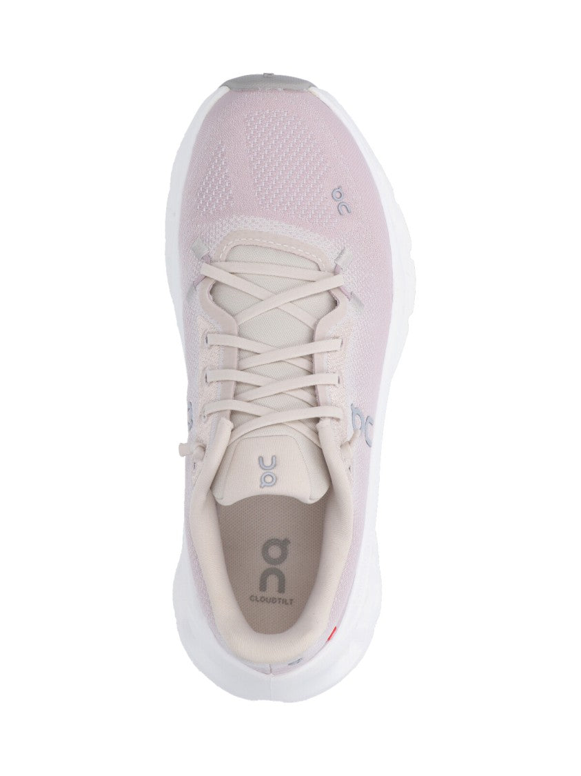 On Soft Pink Fabric Sneakers With Contrasting Embroidered Logos