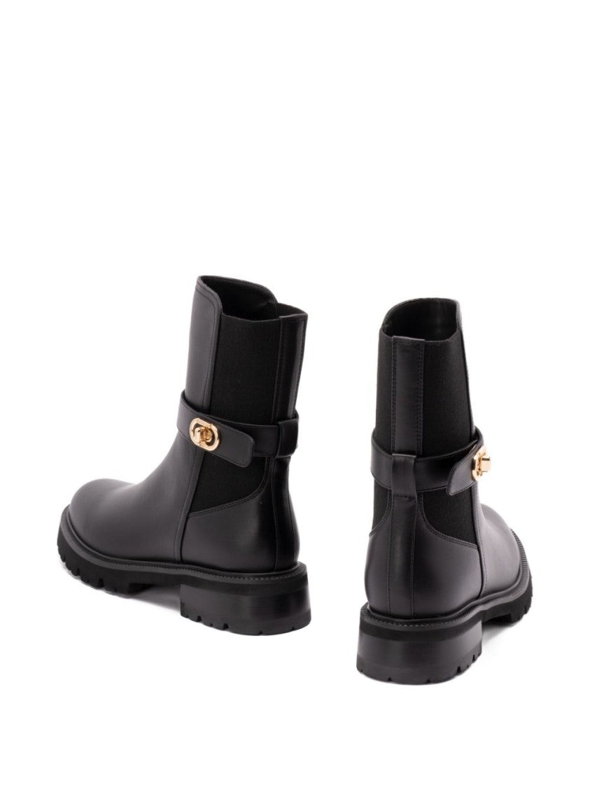 Twin-Set Smooth Leather Ankle Boots With Gold-Tone Buckle Accents