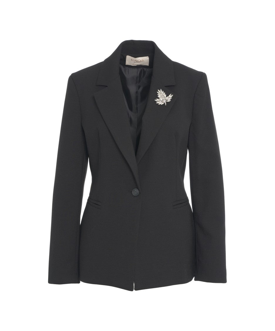 Kaos Tailored Black Blazer With Decorative Brooch And Structured Shoulders