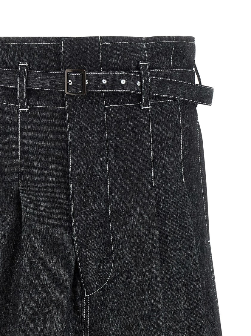 Junya Watanabe Cropped Black Jeans With Wide Flared Legs And Removable Belt