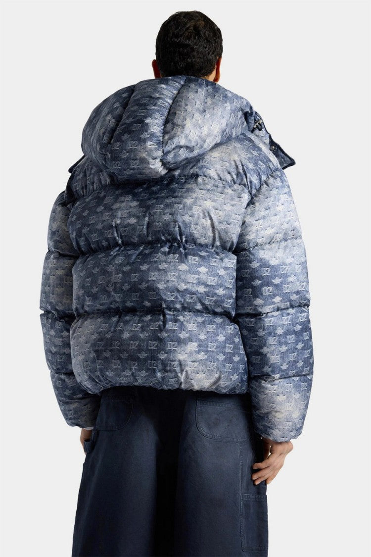 Dsquared2 Blue Denim Monogram Jacquard Hooded Down Parka