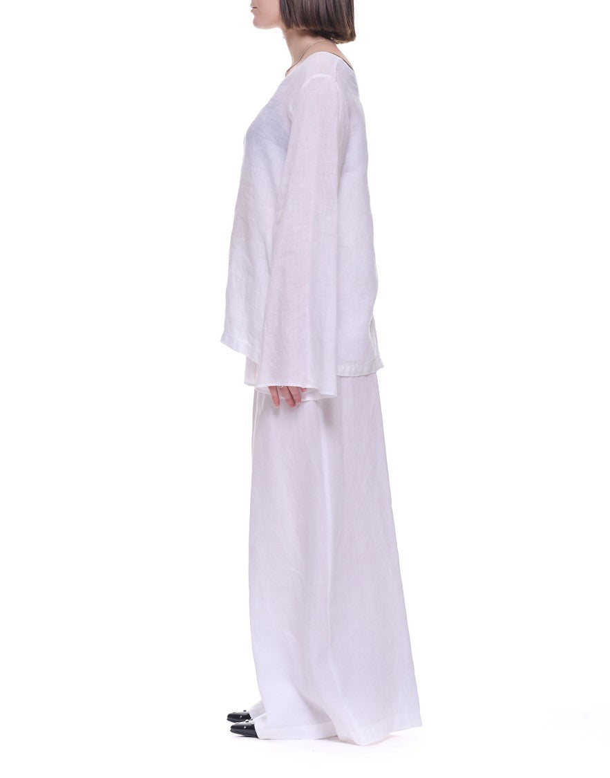 Hira White V-Neck Linen Long-Sleeve Top