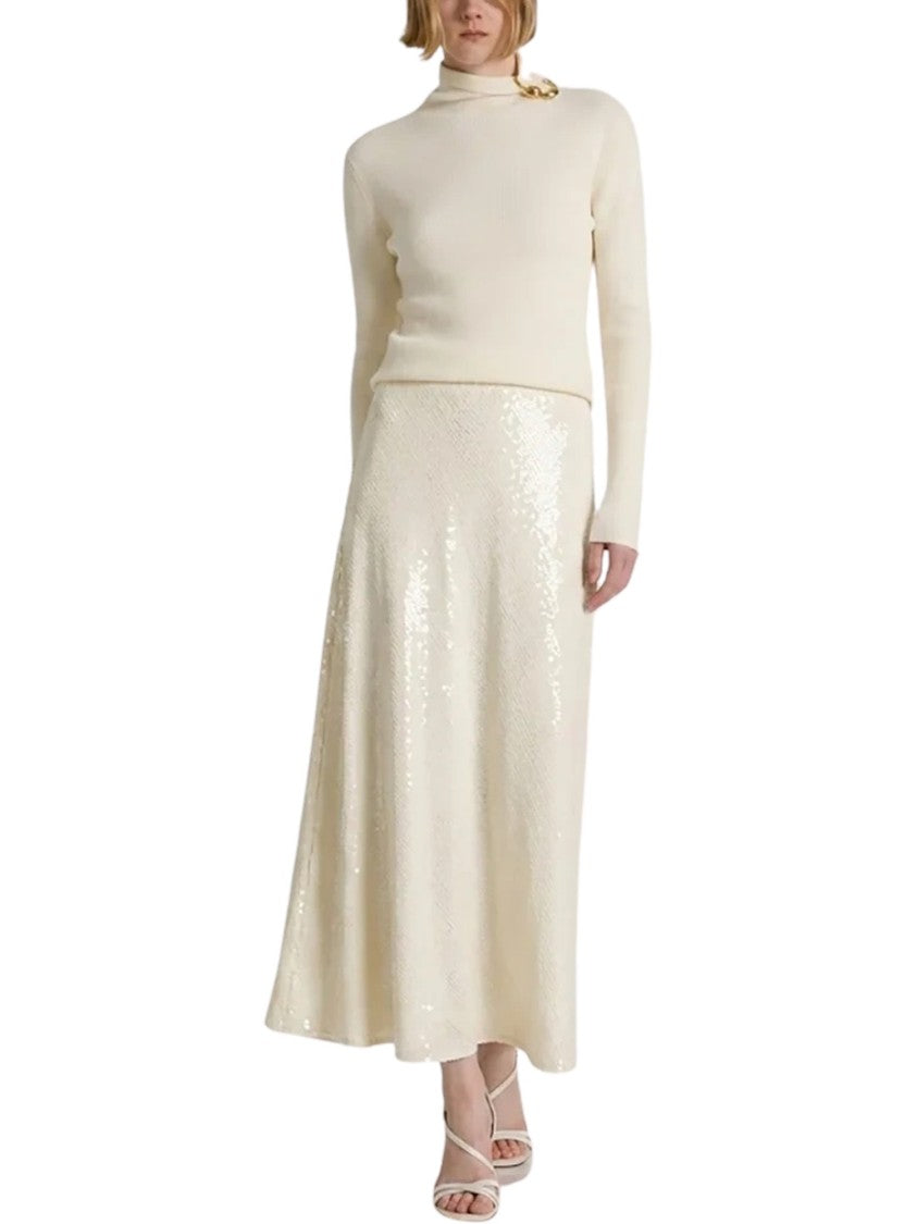 Alberta Ferretti Fitted Creamy Knit Sweater With Decorative Gold Buttons