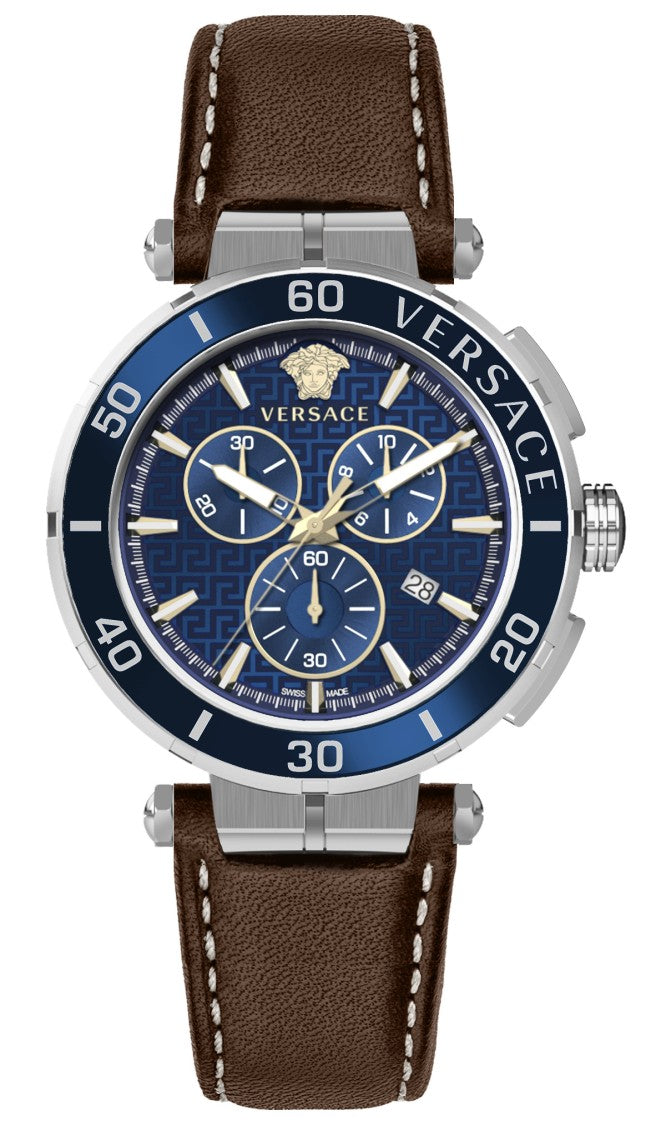 Versace Chronograph Timepiece With Blue Dial And Leather Strap