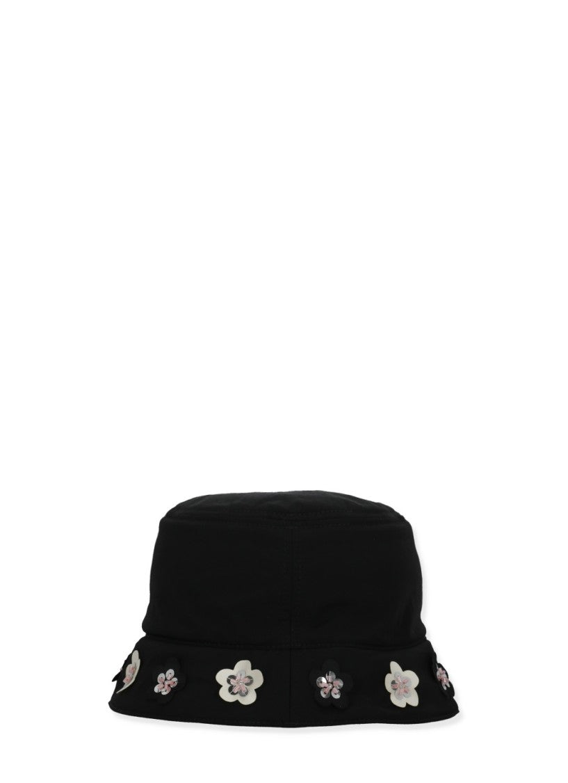 Marni Black Bucket Hat With Contrasting Logo And Embossed Floral Details