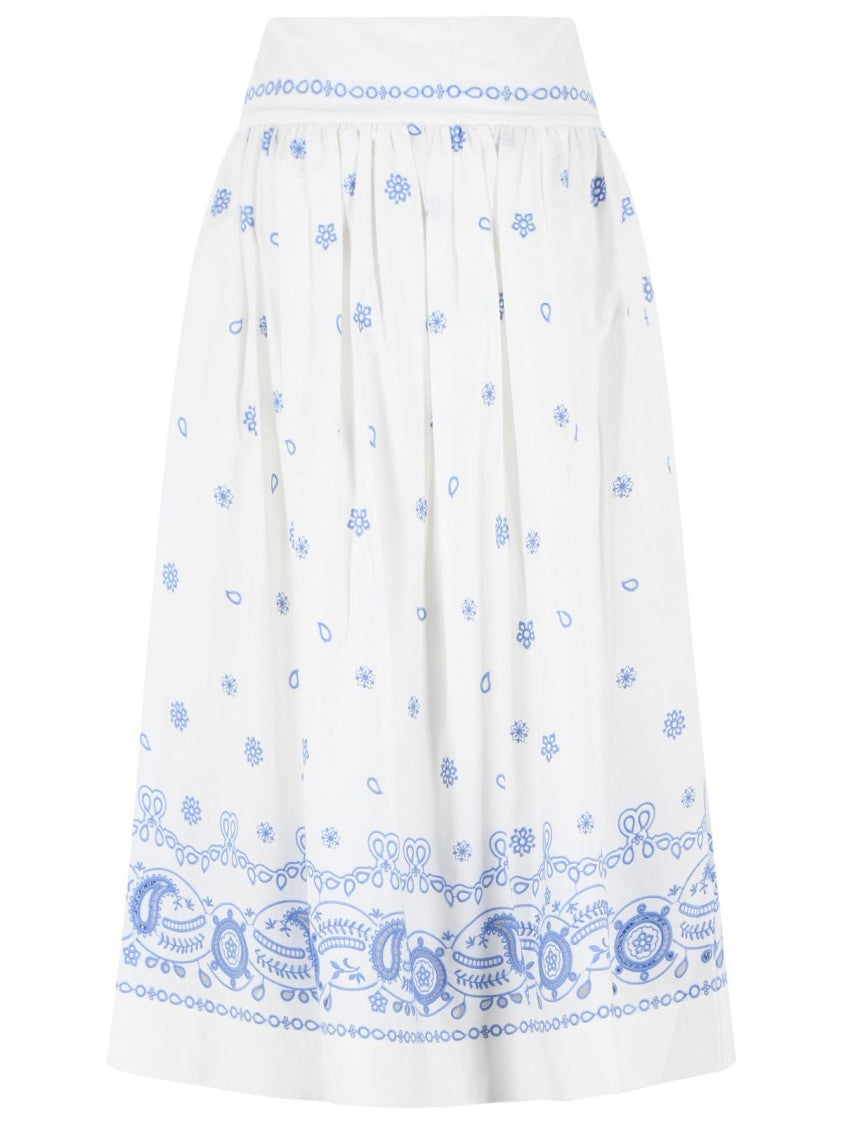 Self-Portrait Embroidered Midi Skirt In White And Blue Cotton