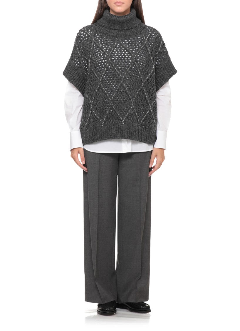 Peserico Grey Perforated Beaded High-Neck Cape