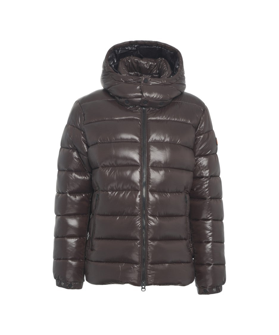 Save The Duck Shiny Brown Quilted Puffer Jacket With Fixed Hood