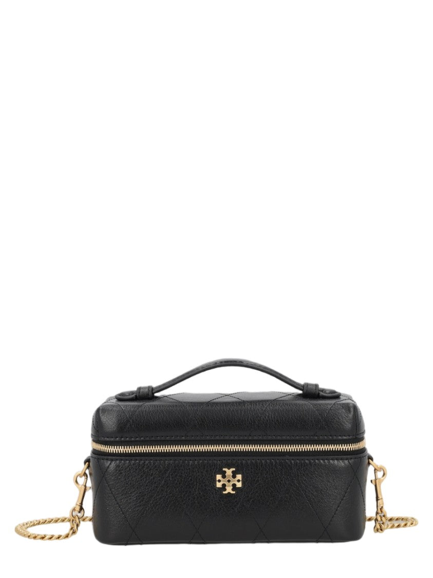 Tory Burch Quilted Black Cow Leather Beauty Case With Gold Accents