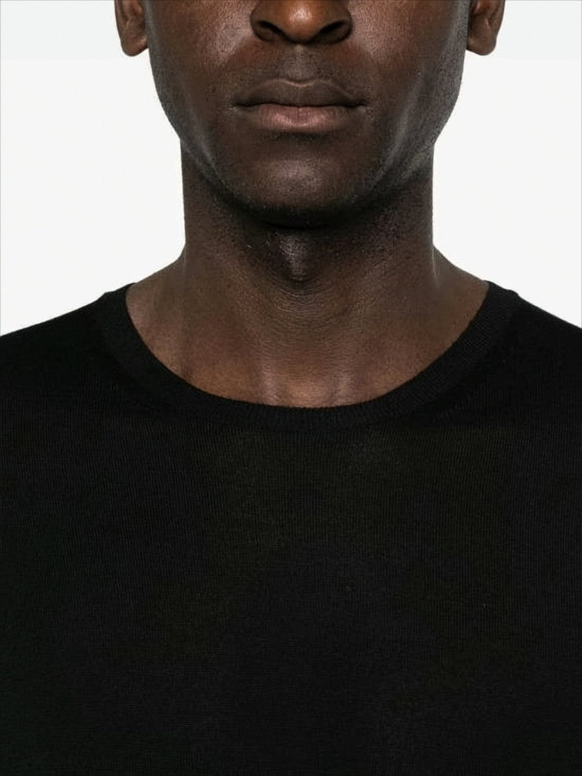 Saint Laurent Crew Neck Black Wool Sweater With Ribbed Detail