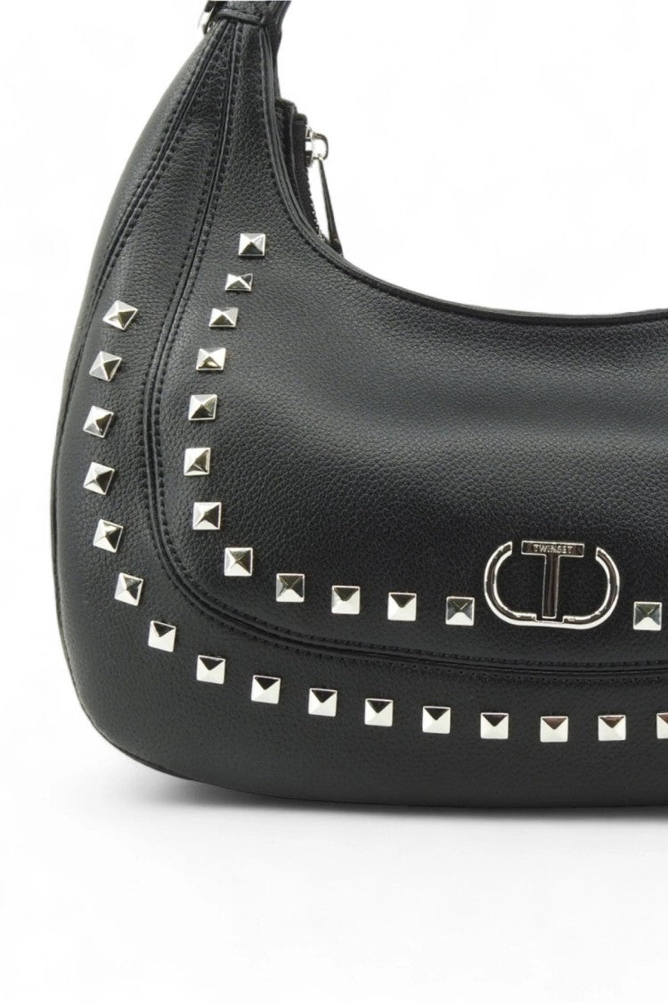 Twin-Set Black Pyramid Stud Trim Twist-Lock Leather Shoulder Bag