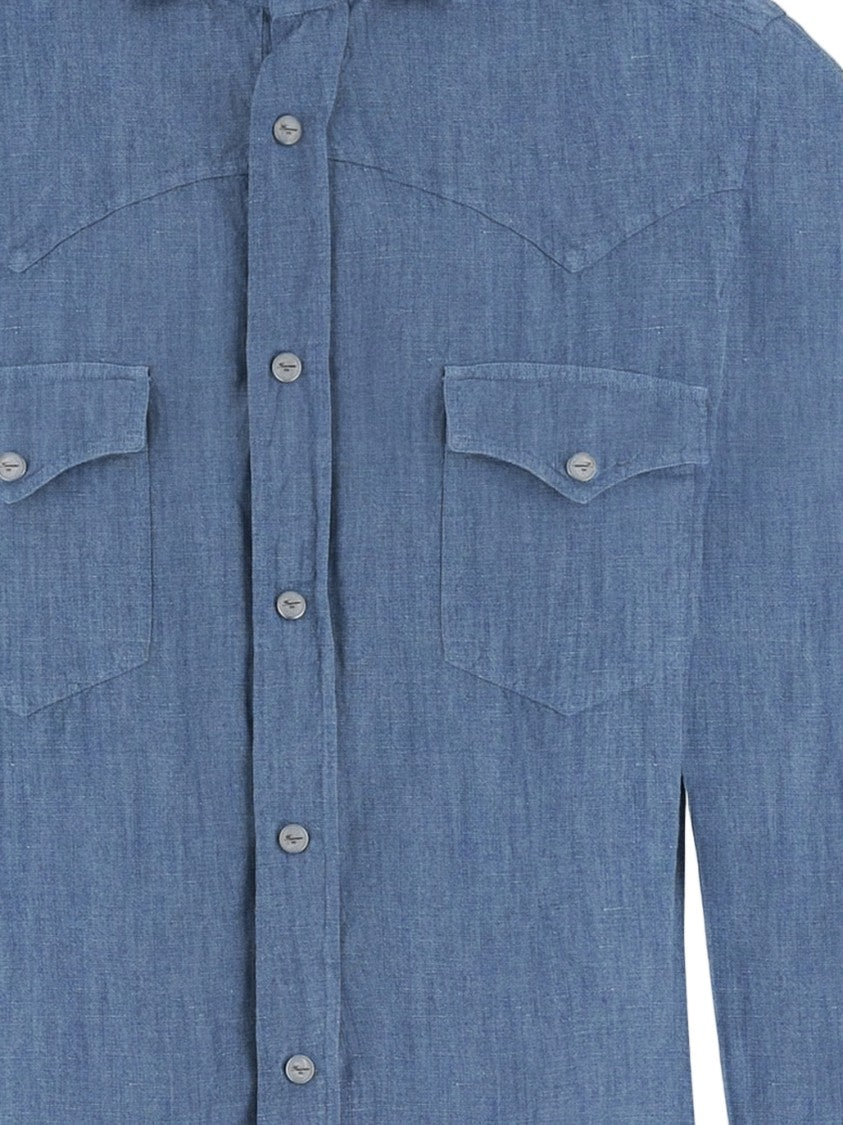 Finamore Denim-Textured Cotton And Linen Shirt With Classic Collar