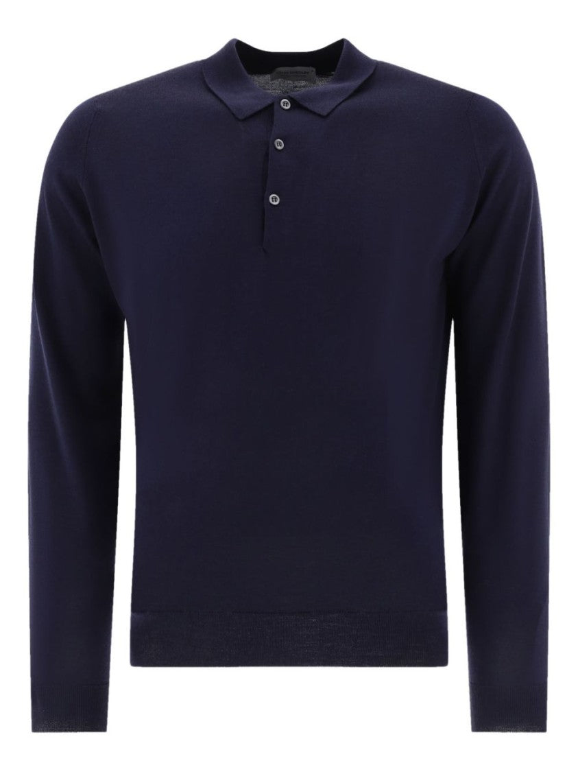 John Smedley Classic Navy Wool Long Sleeve Polo With Ribbed Cuffs