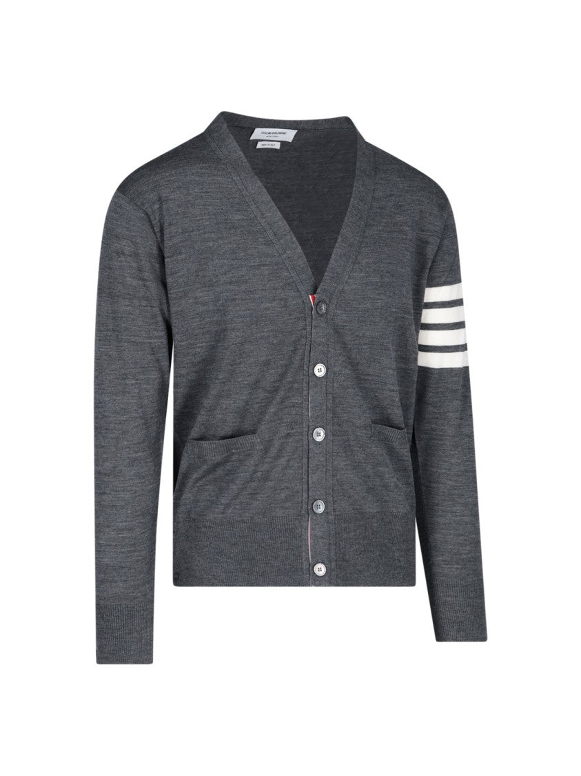 Thom Browne Grey Virgin Wool Cardigan With Iconic 4-Bar Intarsia