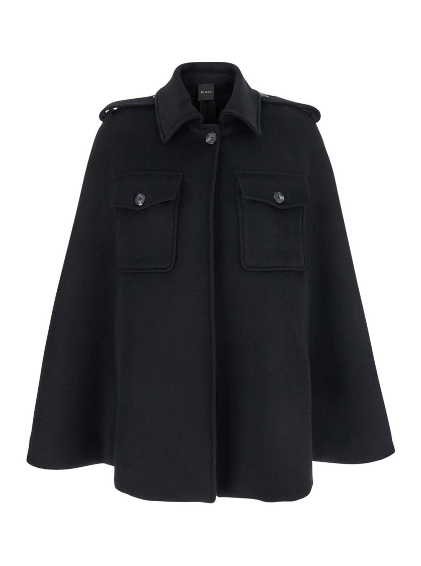 Plain Structured Black Cape With High Collar