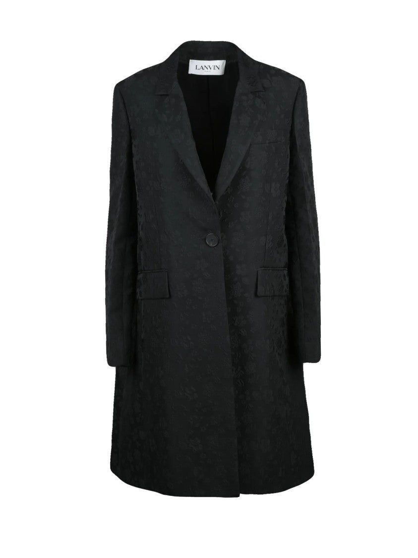 Lanvin Short Black Coat With Elegant Button Closure And Floral Jacquard Pattern