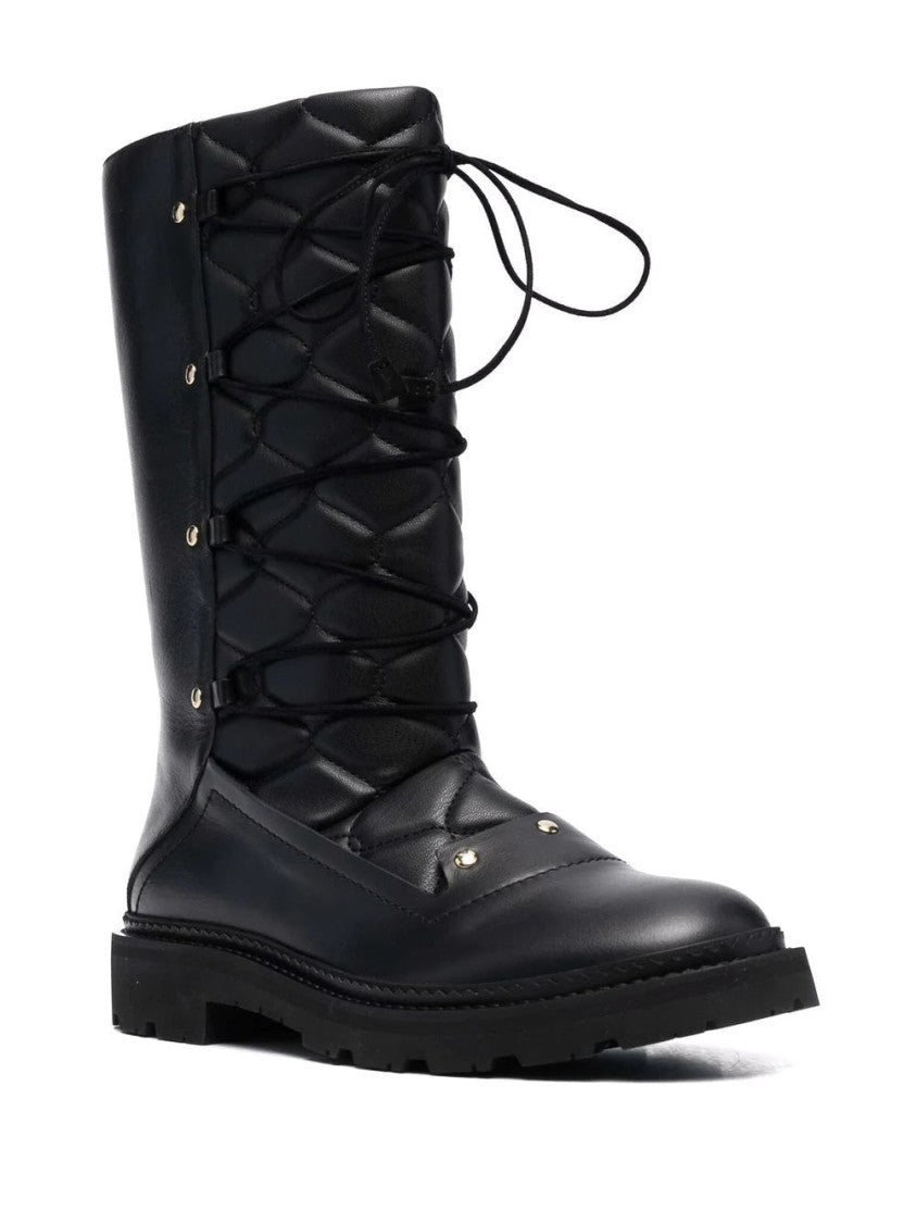 Bally Quilted Black Leather Ankle Boots With Lace-Up Design