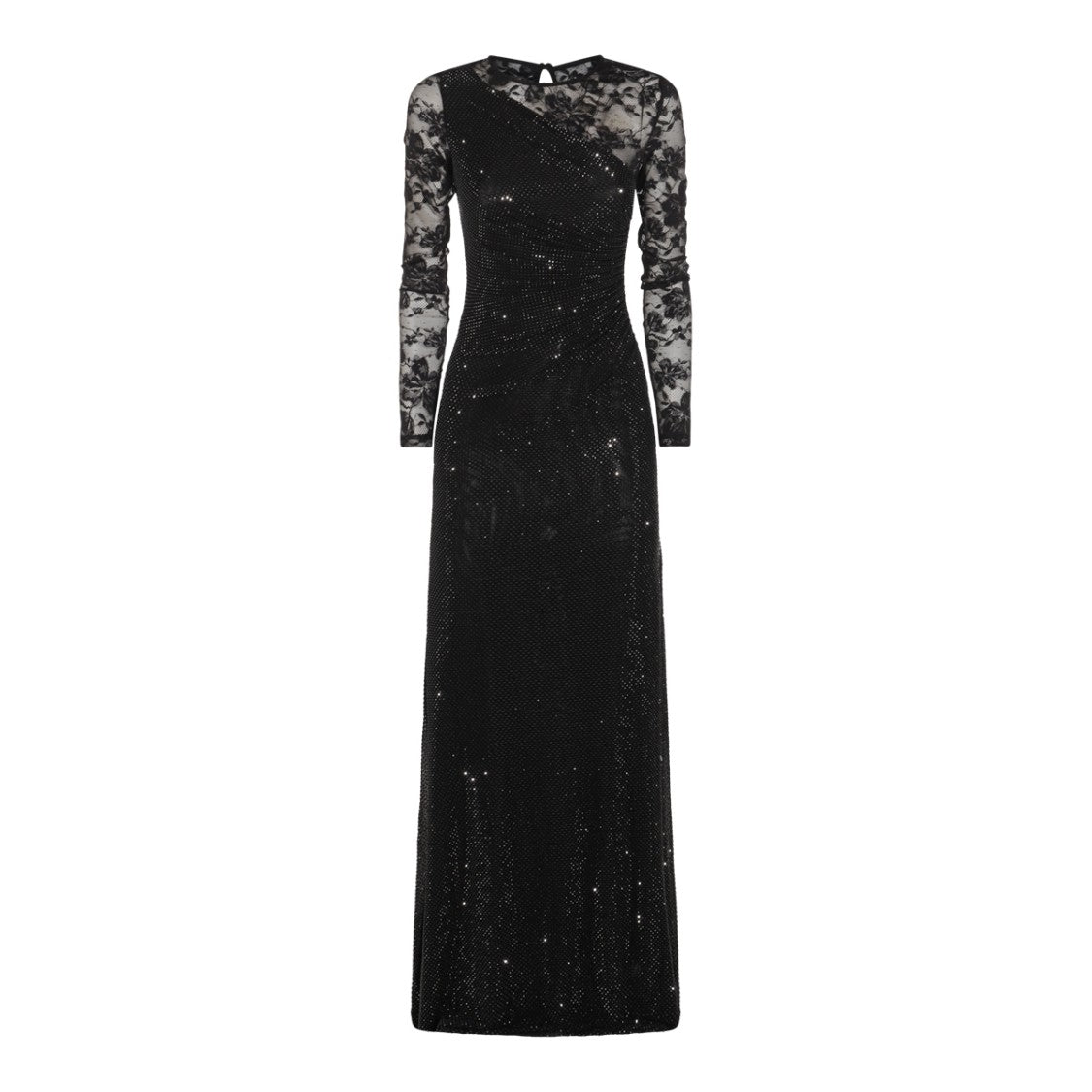Self-Portrait Lace-Embossed Black Maxi Dress With Rhinestone Accents