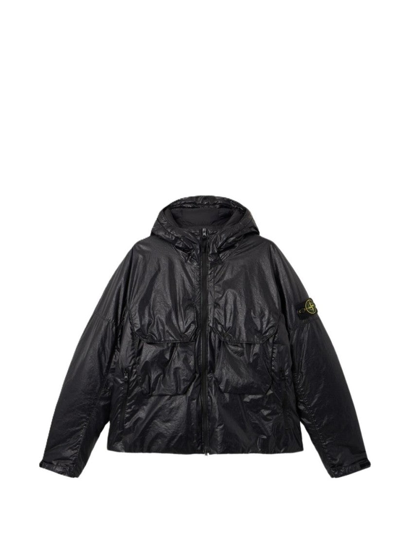 Stone Island Crinkled Texture Black Coat With Hood And Patch Logo