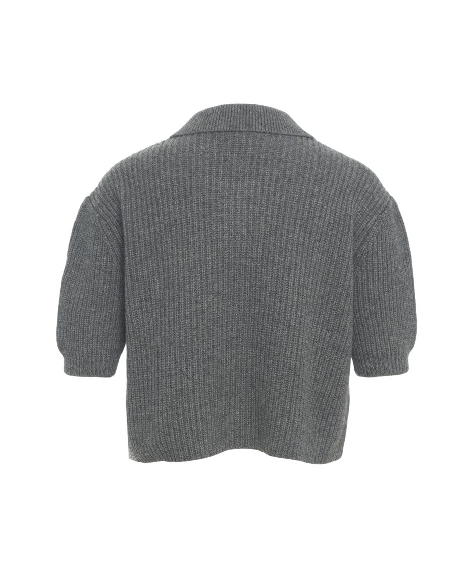 Herskind Cropped Cardigan With Classic Collar And Ribbed Texture