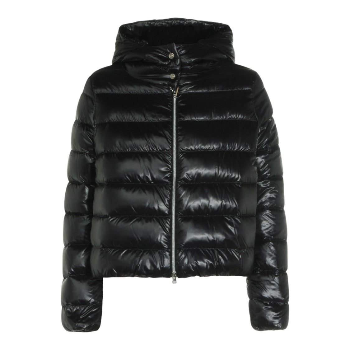 Herno Shiny Black Puffer Jacket With High Collar And Cropped Length