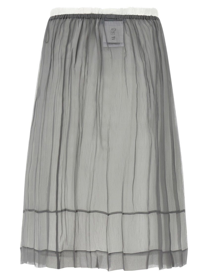 Prada Floral Embroidered Silk Chiffon Midi Skirt With Drawstring Waist