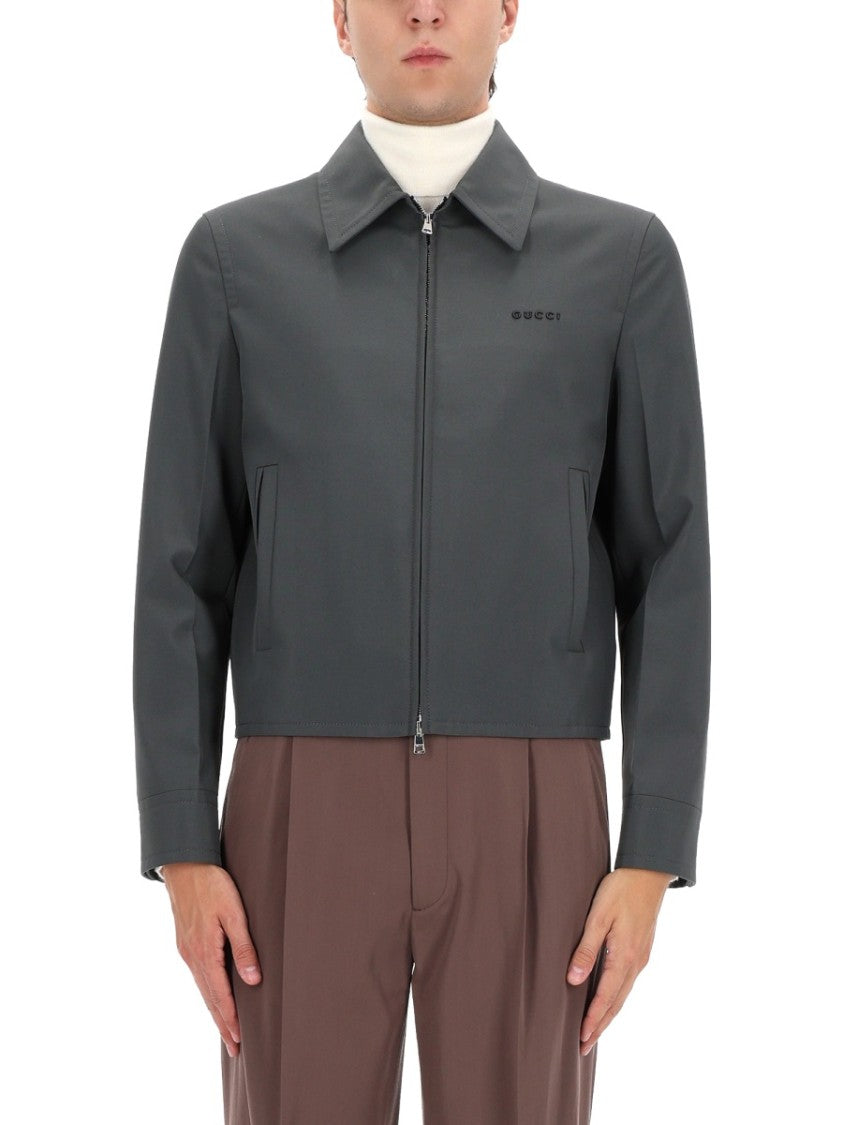 Gucci Cropped Grey Jacket With Front Zip And Classic Collar