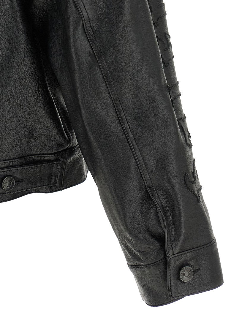Balenciaga Garnet Buffalo Leather Shirt Jacket With Embroidered Gothic Denim Pattern