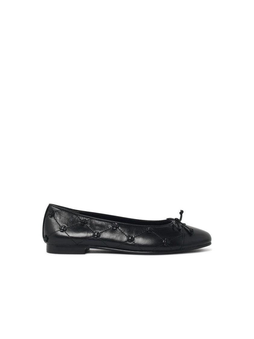 Tory Burch Black Leather Ballet Flats With Decorative Laces And Quilted Embroidery